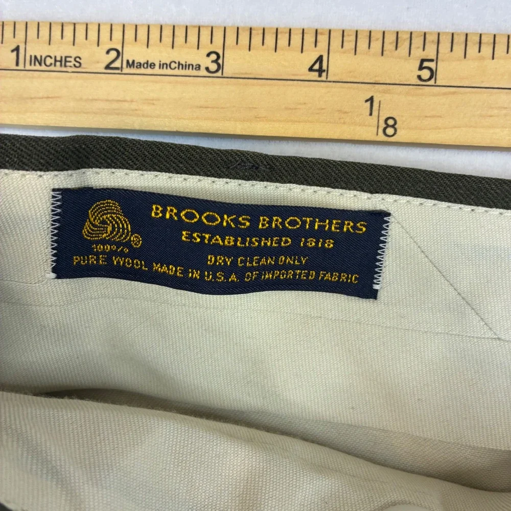 Brooks Brothers Dress Pants Mens 38x29 Olive Green Pure Wool Pleated Made in USA